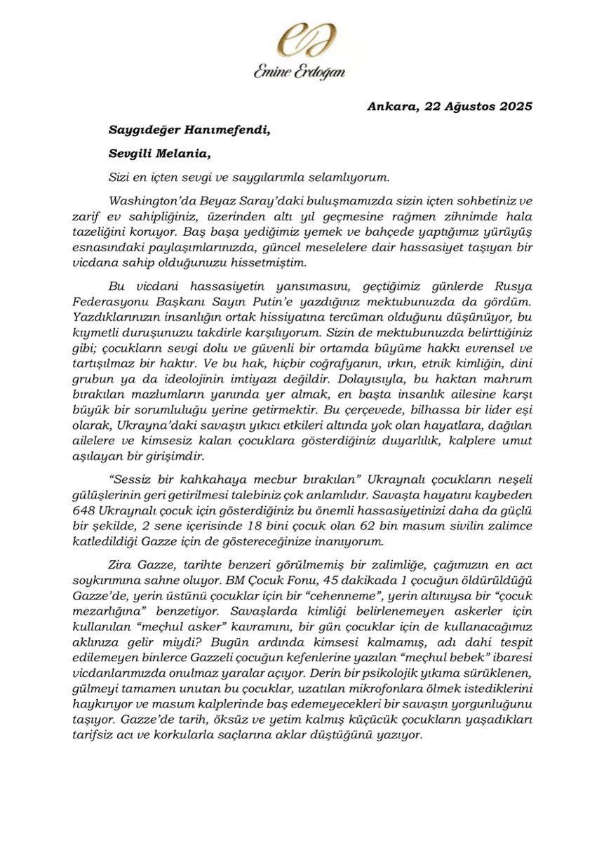 Emine Erdoğan’dan Melania Trump’a Gazze İçin Mektup: “Gazze’nin Çocuklarına Umut Olun”