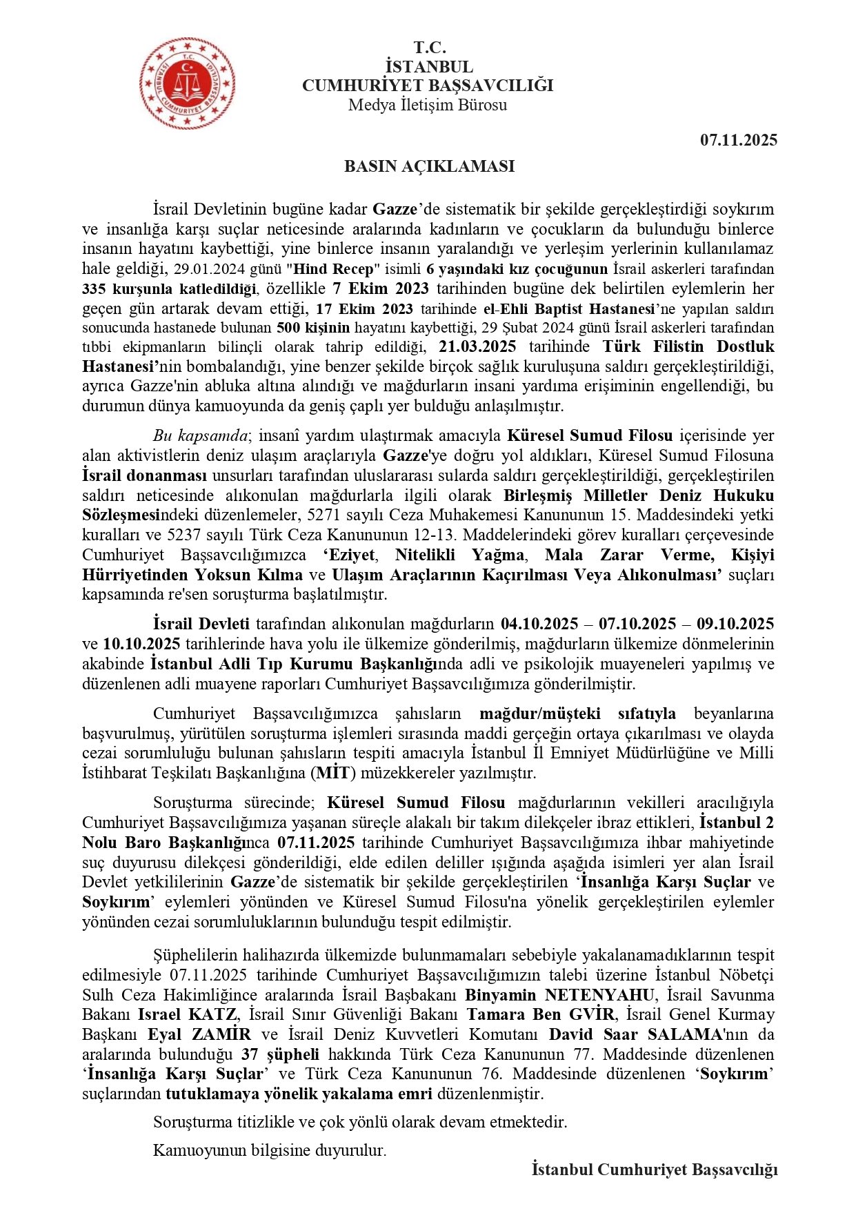 Netanyahu ve Üst Düzey Komutanlar Hakkında Tutuklama Kararı!