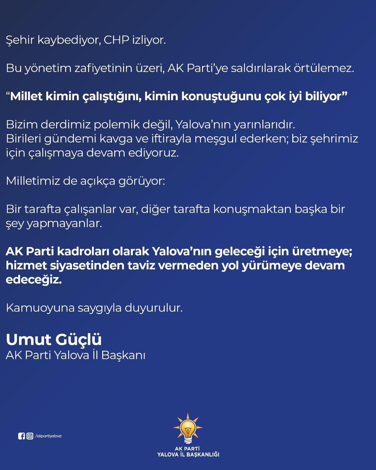 AK Parti Yalova İl Başkanı Umut Güçlü’den Yalova CHP İl Başkanı Erdem Doğancı’ya Sert Tepki