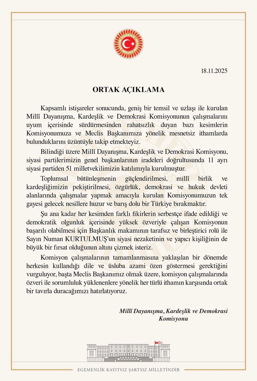 Millî Dayanışma, Kardeşlik ve Demokrasi Komisyonundan Mesnetsiz İthamlar Hakkında Ortak Açıklama