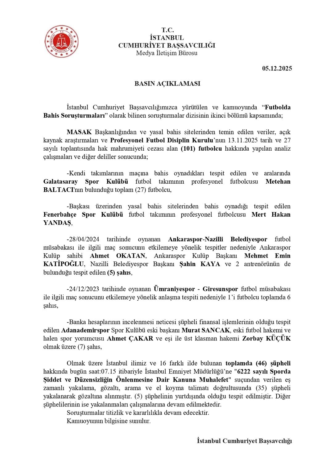 Futbolda Bahis Soruşturmasında Yeni Dalga: 46 Şüpheli Hakkında İşlem