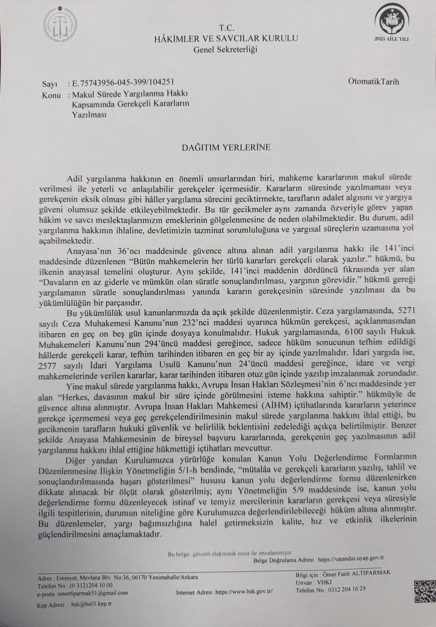 Hâkimler ve Savcılar Kurulun’dan Tüm Hâkimlere Kritik Uyarı: Gerekçeli Kararlar Mercek Altında