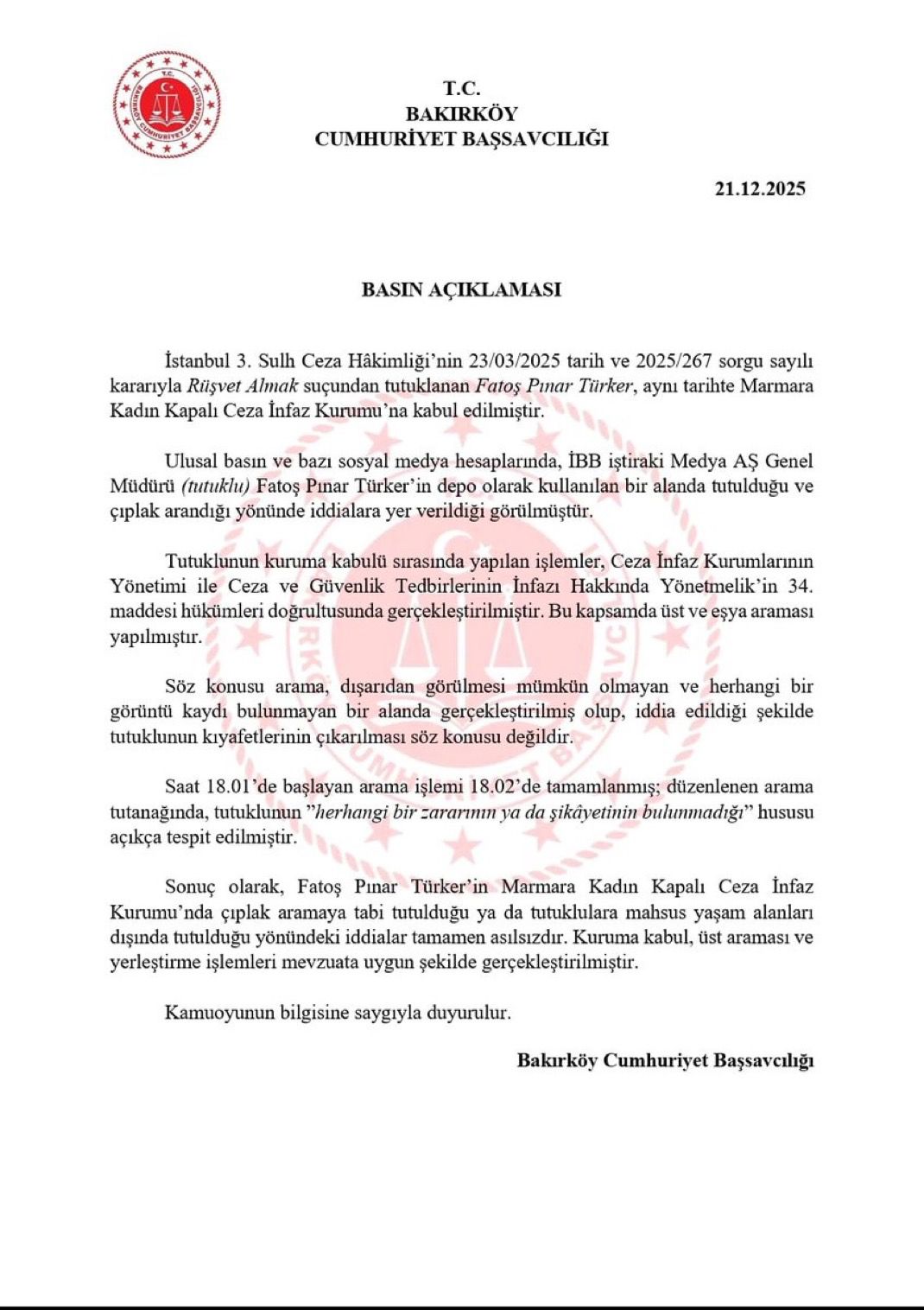 Bakırköy Cumhuriyet Başsavcılığı’ndan Fatoş Pınar Türker Açıklaması: İddialar Gerçeği Yansıtmıyor