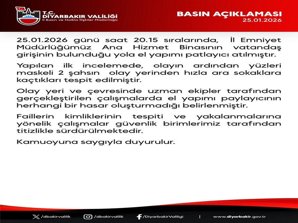 Diyarbakır İl Emniyet Müdürlüğü binası yakınına EYP’li saldırı girişimi